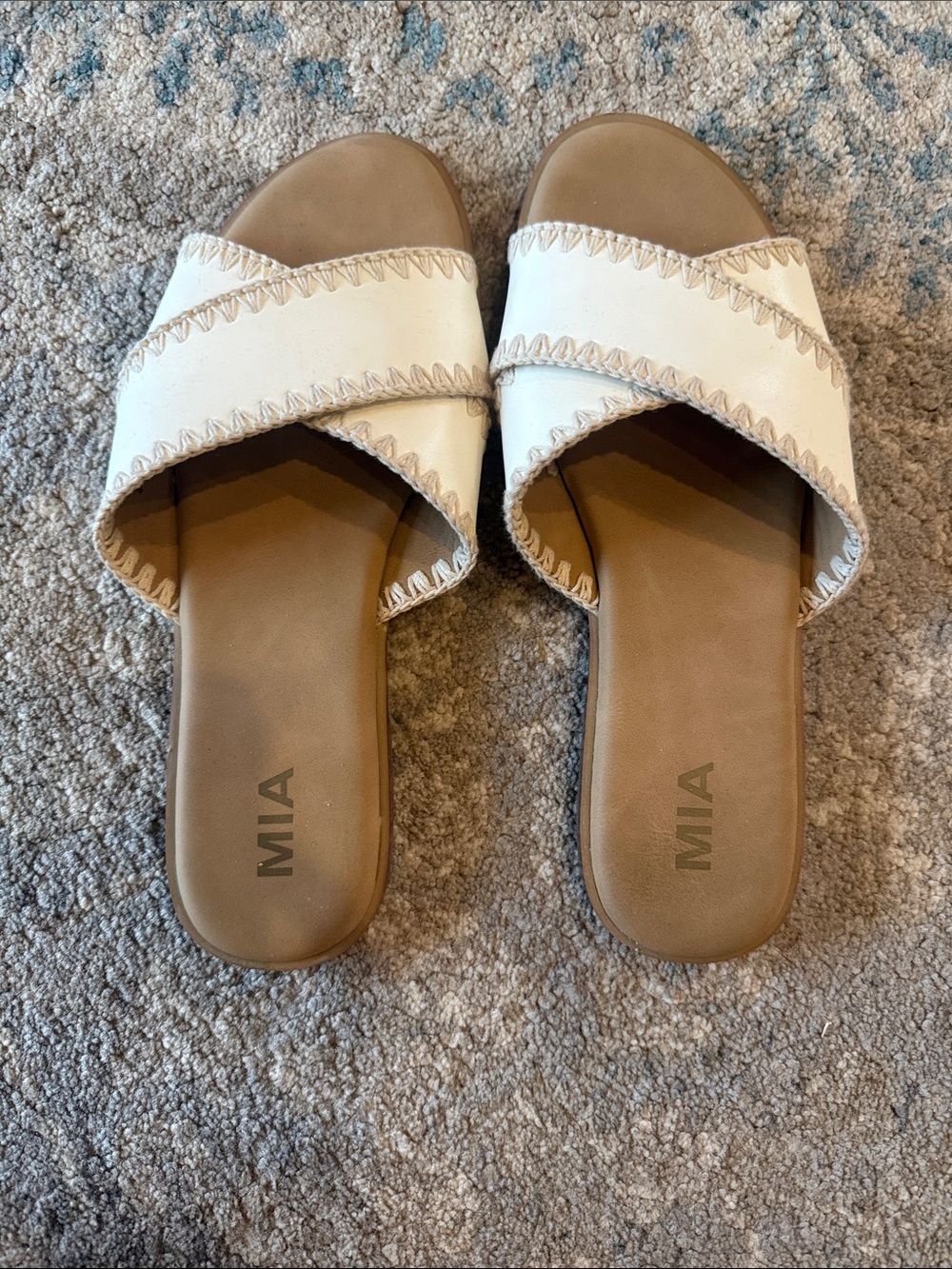 MIA White Crossband Slide Sandals with Tan Footbed